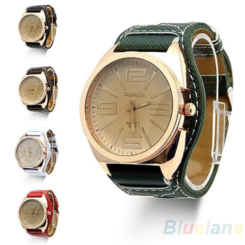 High quality Fashion Women Unisex Golden Stainless Steel Quartz Faux Leather Wrist Watch 1F5B