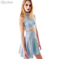 Qlychee Sexy Women Set Laser Sleeveless Short Paragraph Tank Top and Laser High Waist Skirt Nightclub