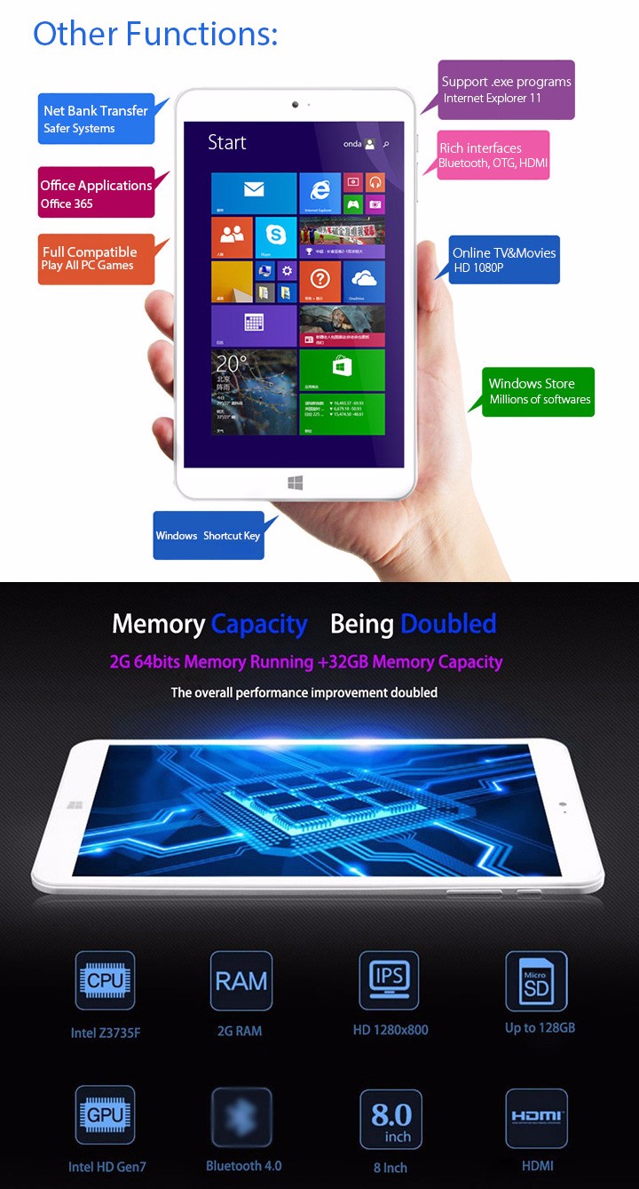 NEW Original ONDA V820W 8.0 Inch Dual OS Windows 10+ Android 4.4 Tablet PC Quad Core Z3735F 2+32GB IPS Screen Camera Bluetooth NEW Original ONDA V820W 8.0 Inch Dual OS Windows 10+ Android 4.4 Tablet PC Quad Core Z3735F 2+32GB IPS Screen Camera Bluetooth