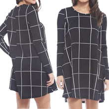 Black White Tartan Check Print Women Short Dress Ladies Casual Long Sleeve Swing Skater Mini Dress plus size women clothing