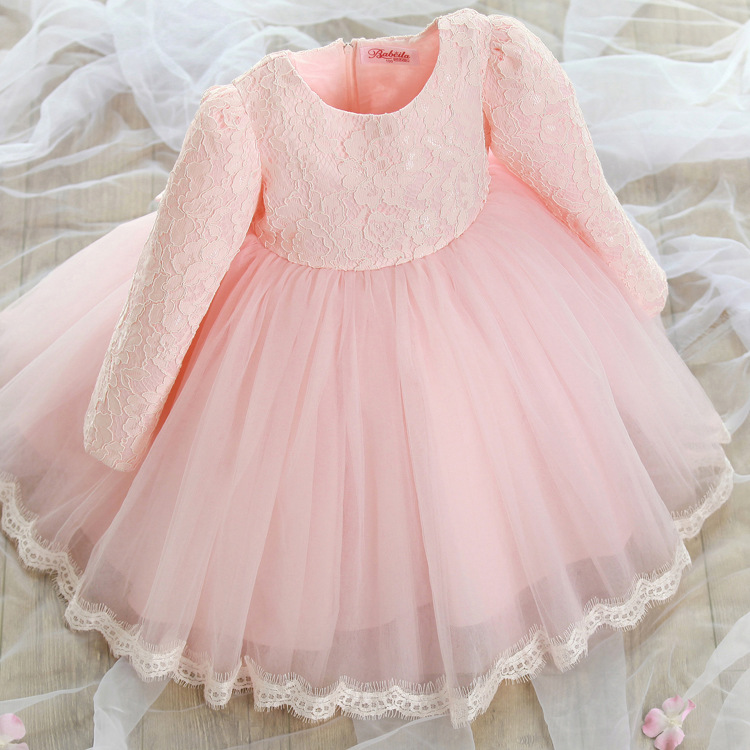 2015 Autumn girls Gowns kids pink White Long Sleeve dress Girl lace dress+big bow Party Tulle Princess Dresses Birthday/wedding