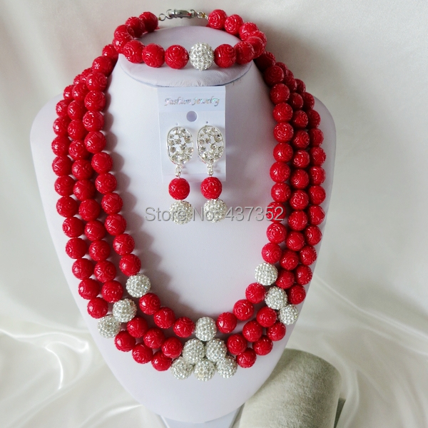 Handmade Nigerian African Wedding Beads Jewelry Set , Red Artificial Coral Beads Necklace Bracelet Earrings Set CWS-382