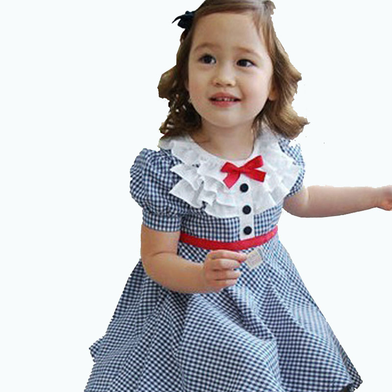 Fashion Baby Girls Summer Clothes Preppy Style Navy font b Plaid b font Puff Sleeve A