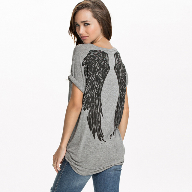 Новый летний стиль Футболки женщины вернуться angel wings печати с коротким рукав размер свободный плюс футболка женская мода топы тис G1231