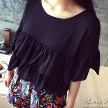 Women Short Sleeve Shirt Casual Blouses Sexy Fashion Bat Sleeve Chiffon Shirt Solid Color Black Red Shirt Plus Size