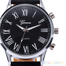 2014 Fashion Roman Dial Mens Elegant Leather Black Analog Quartz Sport Wrist Watch 1G7C