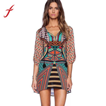 Feitong 2015 винтаж женщин лето короткое платье с 3/4 рукавом геометрическим рисунком печать старинные широкий легкой струящейся платье бесплатная доставка