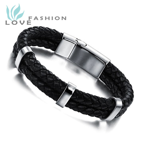 Wholesale new fashion jewelry men double layer leather titanium steel Bracelets male magnet buckle bracelet accessories