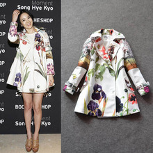 2016 Casual Fashion Long Sleeve Turn-down Collar Double Breasted A-line Regular Floral Flower Print Trench Coat Outwear D636