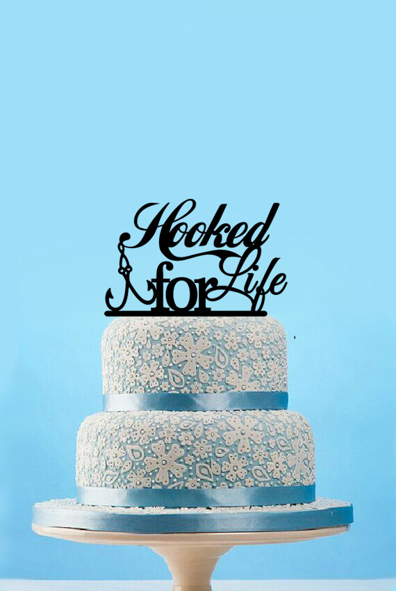 Hooked For Life Fishing Wedding Cake Topper Custom Cake Topper Wedding Bridal Shower Cake Topper Party Decoration, 12 colors