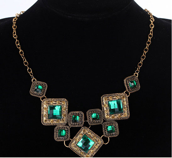 Geometry Square Choker Necklaces Retro Green Rhinestone Neckless Lady\'s Accessories Jewelry bijoux colier femme (4)