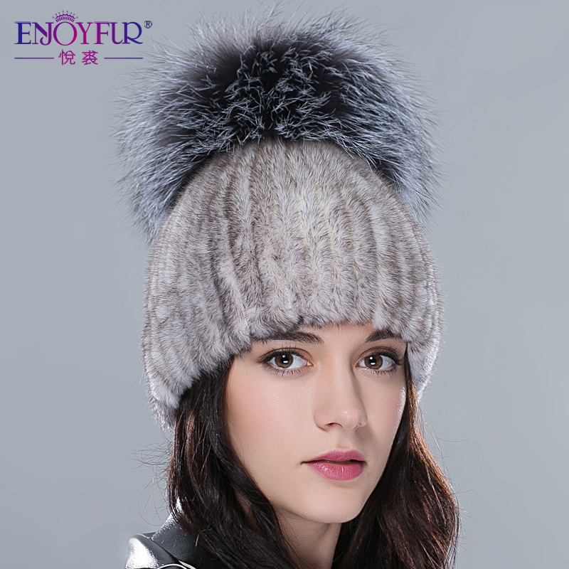 Women hats winter genuine mink fur hat with fur pom pom knitted skullies beanies 2015 Russia luxury top grade ladies fur caps