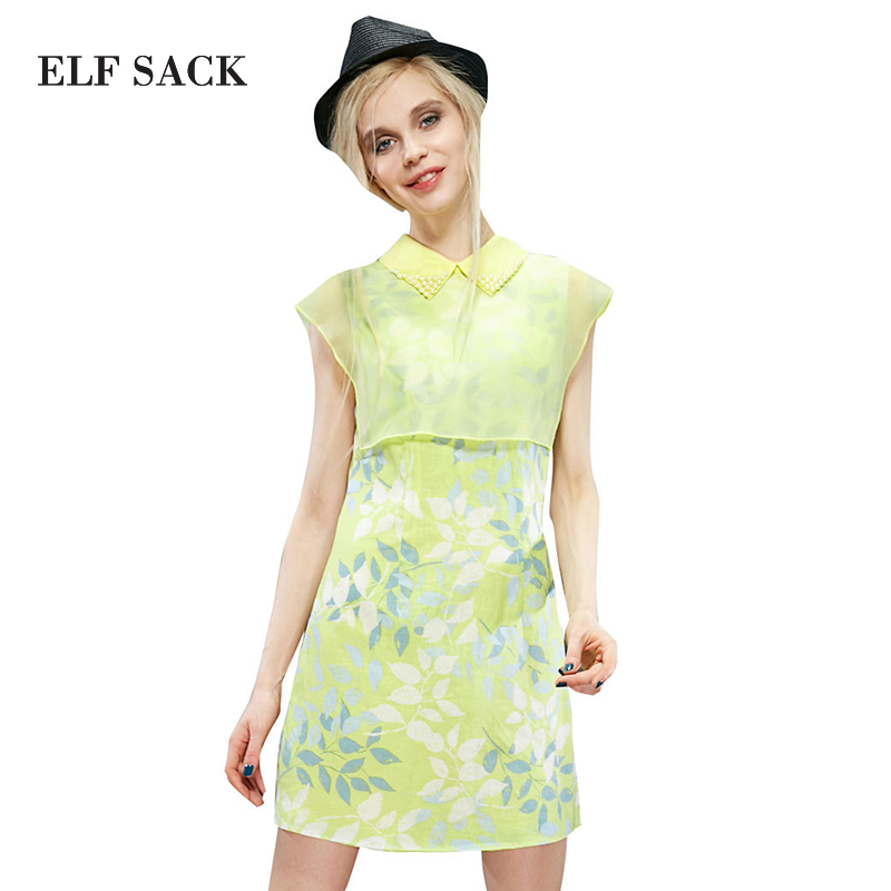 ELF SACK fashion brand new 2015 summer women sleeveless turn-down collar rustic print slim beading chiffon dress free shipping
