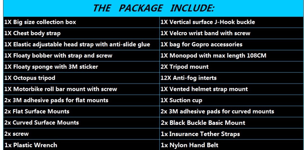 package list in gopro accessories set