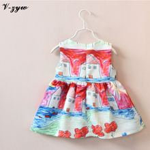 Hot Sale 2016 Graffiti Painted Small House Children Dresses Girls Summer Paragraph Dress Baby Girls Clothes Cute Baby Dresses