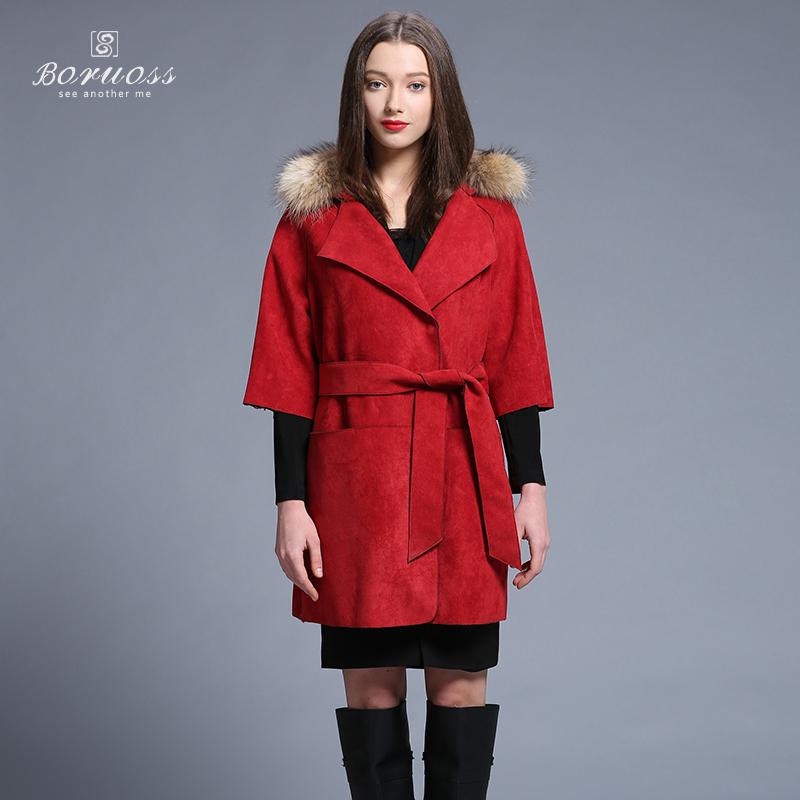 Boruoss 2015 Spring Women's Red Windbreaker Imitation fur Trench New fashion Mid-longTrench Coat Turn-down Collar  Boruoss-y3245