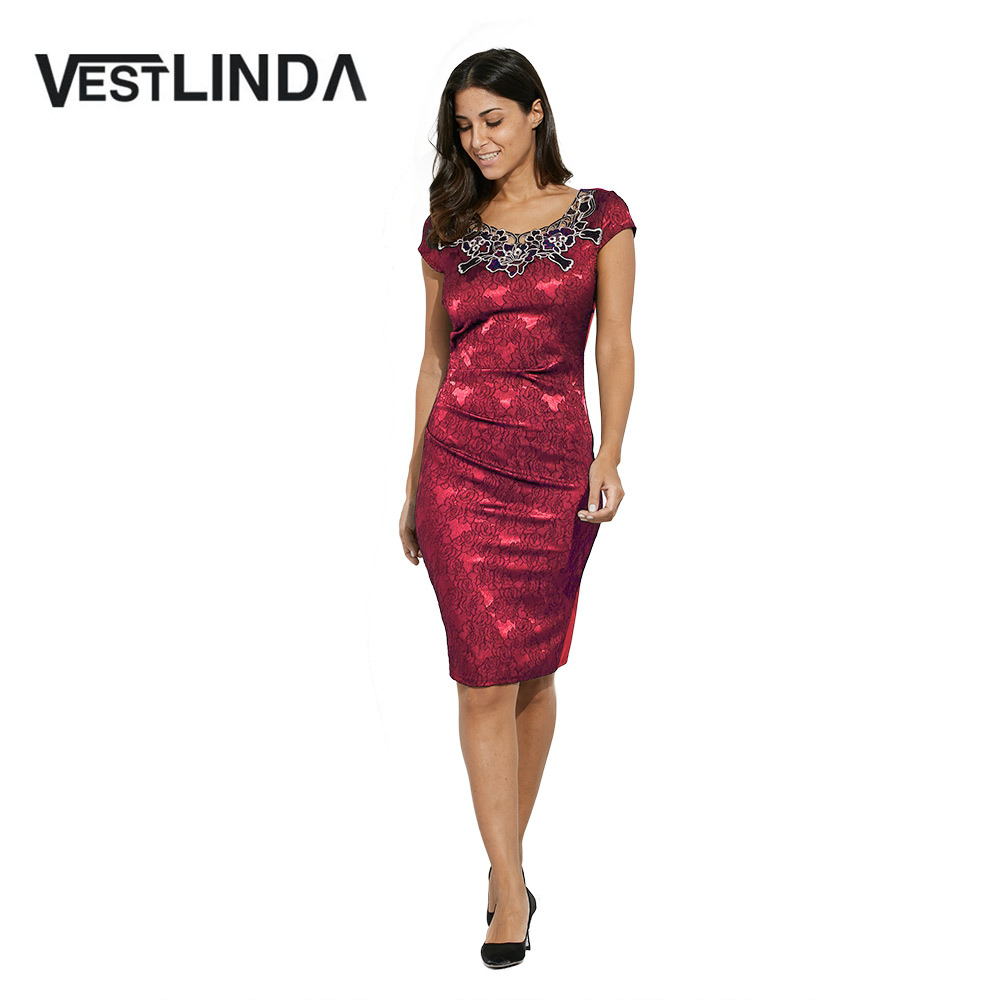 VESTLINDA Elegant Vintage Office Work Dress Women Bodycon Dress Short Sleeve Floral Embroidered Sheath Evening Night Party Dress 2