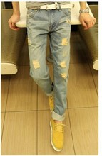 2016 New fashion men s Classic holes Straight jeans Teen popular college style wild jeans Denim