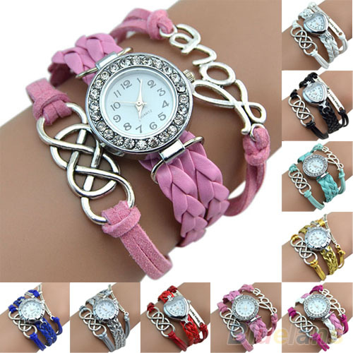 Vintage Eight Love Charm Leather Band Bracelet WristWatches 2DGV