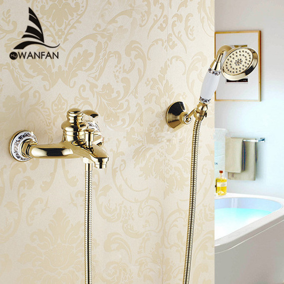 Wall Mounted Golden Brass Bathroom Bathtub Faucet Handheld Shower