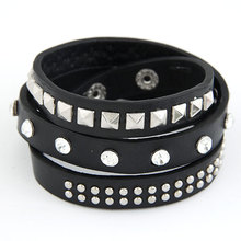 Min.$10(mix items) Free Shipping Cool Punk Rock White Black Rivet Multi Layers Circles Stud Chain Leather Cuff Bracelet