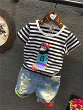Summer Children Clothing Sets Cartoon Striped Baby Boys Short-Sleeve T-shirt+Denim Shorts Kids Clothes for 2-6Years