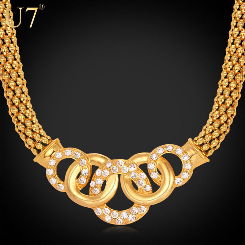 Trendy Circle Charms Pendant Necklace 18K Real Gold Plated Popcorn Chain Rhinestone Necklaces & Pendants African Jewelry P399