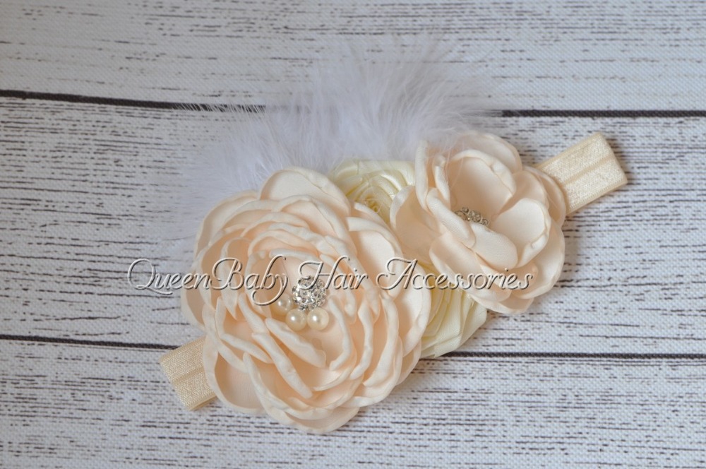 120pcs/lot  Satin Flower Matching  Sparking Rhinestone Pearl Headband Layered Flower Headband Couture Headband