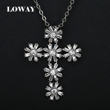 LOWAY Flower Cross Design Fashion Jewelry Platinum Plated Cubic Zircon Pendant Necklace Best For Women Gift XL1844