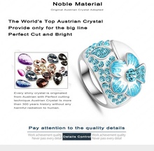 New Hot Fashion Enamel Jewelry Genuine SWA Elements Ring Real Platinum Plated Blue Austrian Crystal Flower