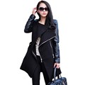 2016 Fashion women coat autumn winter Patchwork Womens Long Wool PU Leather Sleeve Windbreaker Jacket Coat