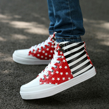Top quality men high top sneakers flag print flat shoes casual leather shoes cool guy hip