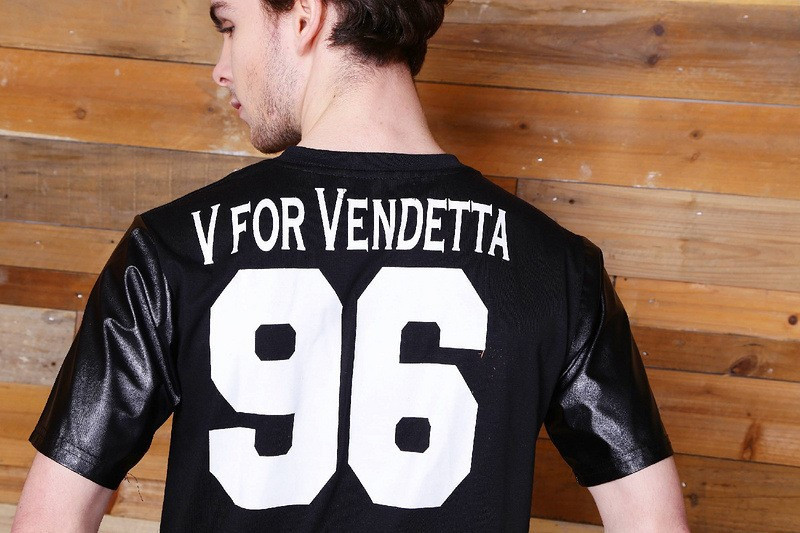 2014 Famous Brand Men's Hip Hop t-shirt Leather Sleeve Tee Shirts V For Vendetta Printed Men Streetwear Man Rock Clothing