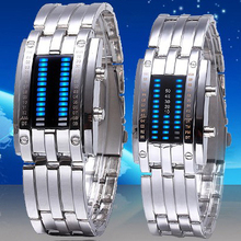 Fashion Cool Waterproof LED Display Men Women Stainless Steel Sports Wristwatches Blue Binary Luminous Stylish Lover