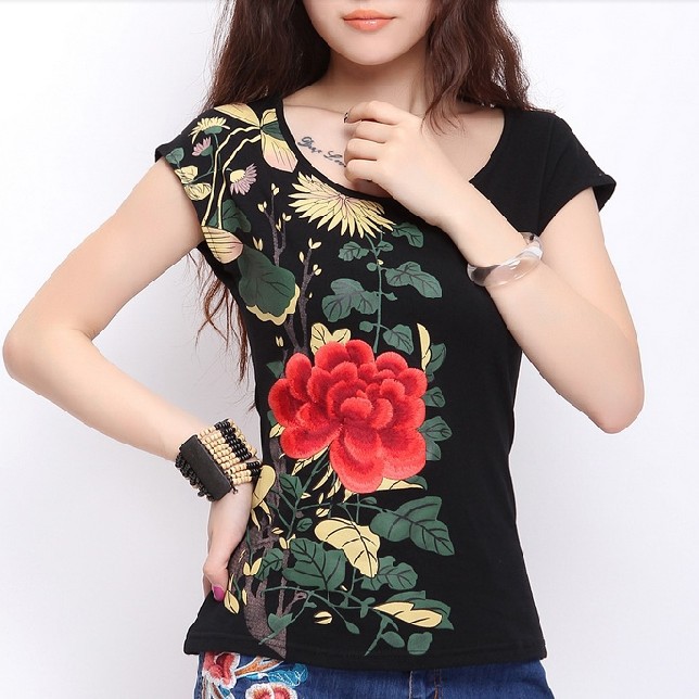 New 2015 Summer flower print women T-shirts embroidery national wind ladies T-shirt Slim female wild tshirt G1031