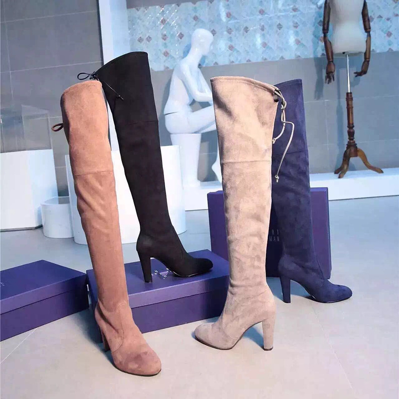 Hot autumn winter women genuine leather flats heel thigh high suede boots elastic slim long boots lowland boots