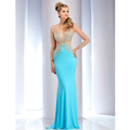 Sexy See Through Evening Dresses with Beadings Sheer Long Sleeves Deep V Neckline Mermaid Formal Gowns