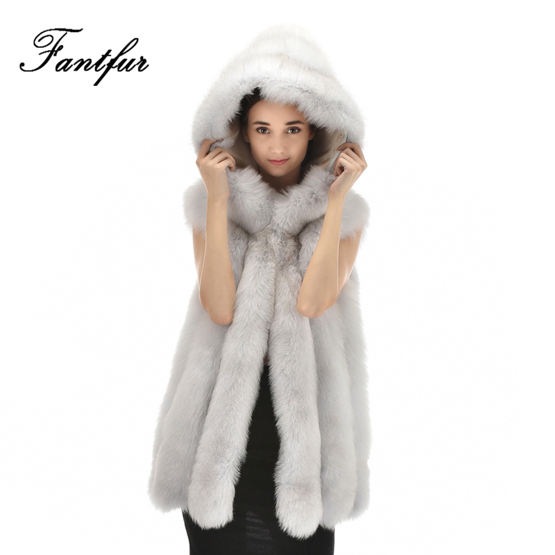 FANTFUR Women Luxury Genuine Fox Fur Vest With Hooded  Long Natural Fur Waistcoat Jacket Gilet