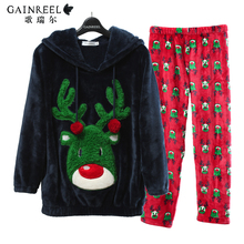 Song Riel autumn and winter flannel pajamas cartoon couple of men and women long sleeved hooded