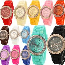 Ginebra silicona cristalina de oro de piedra de cuarzo para mujer / mujeres / jalea reloj de pulsera colores Candy 0E5G
