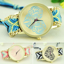 Moda elegante reloj de moda mujer étnica del amor del corazón de marcación por tonos de oro cuerda tejida aleación de la armadura de banda reloj de pulsera