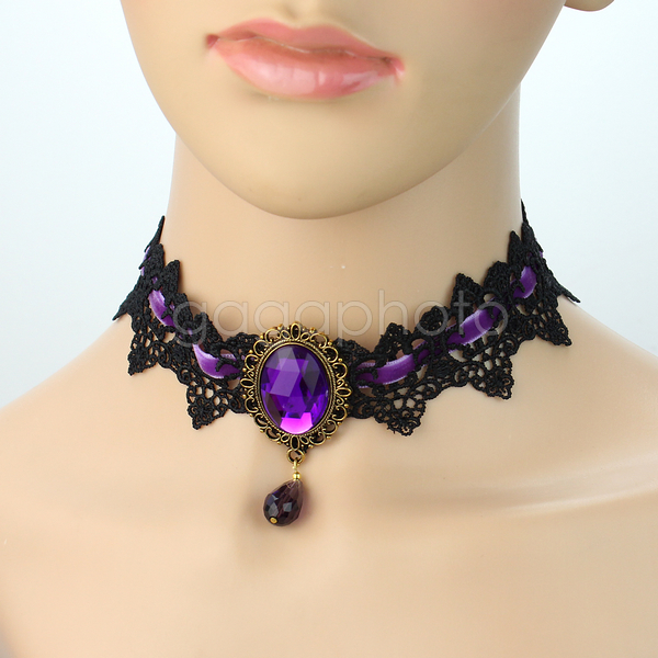 The Dark's Hold (Prize Claim) Black-Lace-Velvet-Red-Purple-Crystal-Bead-Pendant-Choker-Necklace-Goth-Steampunk