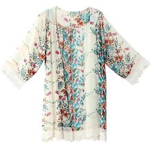 Autumn 2016 Vogue Women Chiffon Floral Print Open Cape Casual Coat Loose Blouse Lace Crochet Kimono Jacket Cardigan