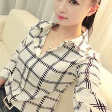 2016 Summer Women’s Long Sleeve White Shirts Plaids Pattern Lapel Blusas Casual Blouse Tops Plus Size
