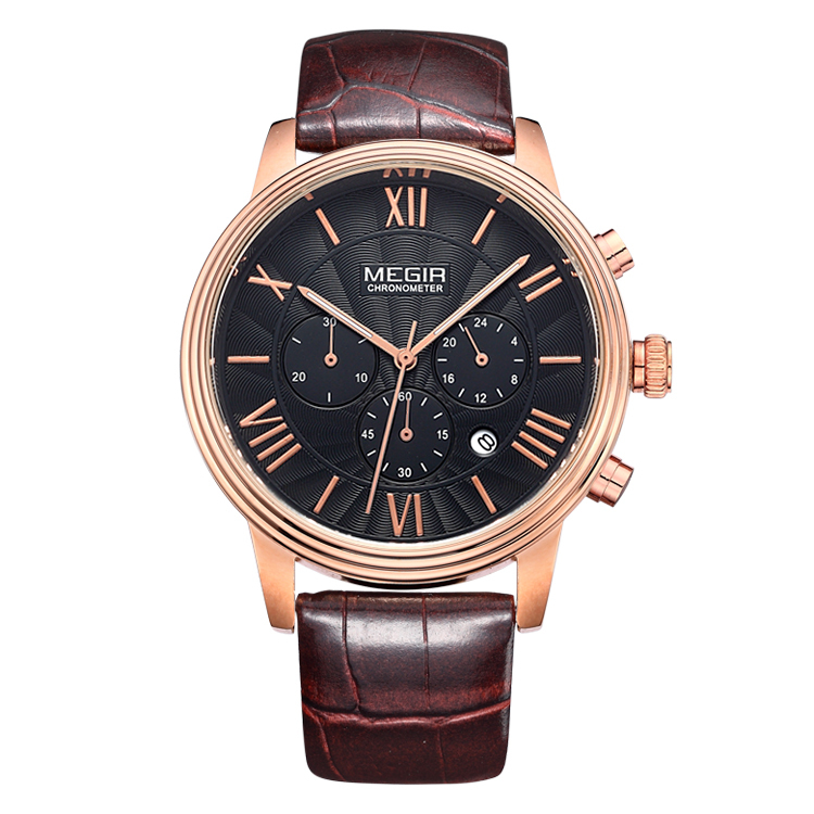 Brand Luxury MEGIR Watches Men Quartz Watch Leather Strap Sapphire Complete Calendar 6 Hand Activities