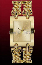 Envío gratis! 2014 hombres mujeres famosa marca de lujo reloj del cuarzo del reloj Rectangular cadena plata del oro reloj