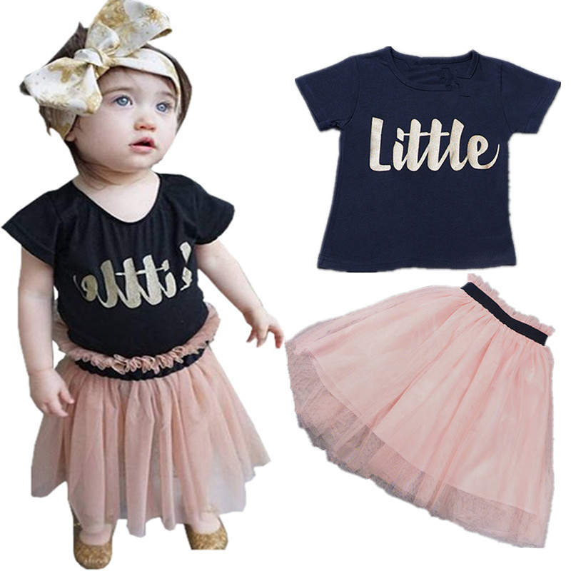 ING cute mom 2016 Suit T shirt tutu skirt 2pcs set black letters little pink suit