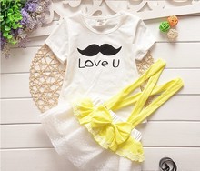 2015 New summer Baby Girls Strap Dress Clothing set Children cotton short sleeve party dresses T