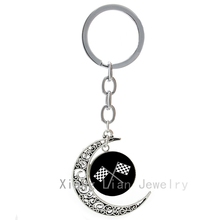 Racing Chequered Flag keychain super cool motor racing sports 4 checkered flags moon pendant key chain Cheerleading gifts T492