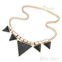 2014 New Fashion Womens Vintage Unique Jewelry Gold Metal Necklace Triangle Gems Pendant Chain Necklace 1D2D